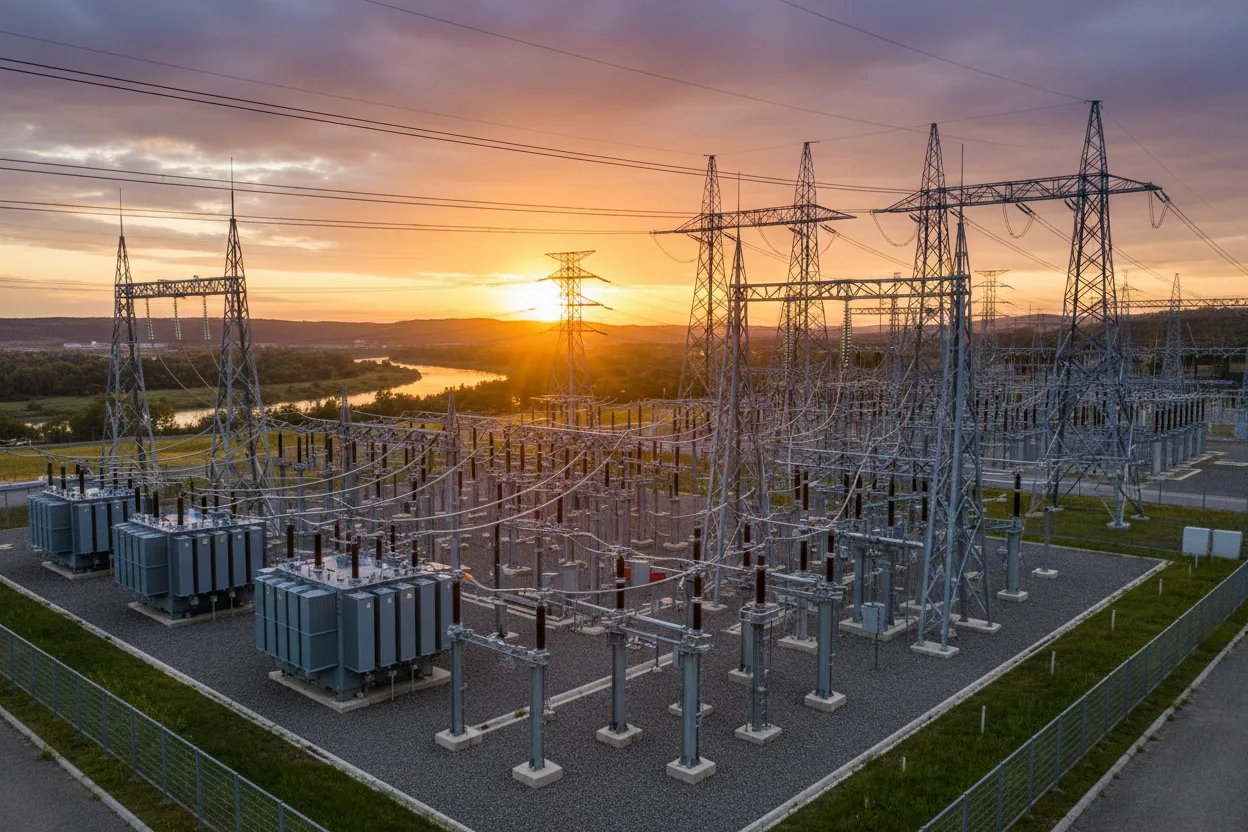 Subestação de energia ao pôr do sol