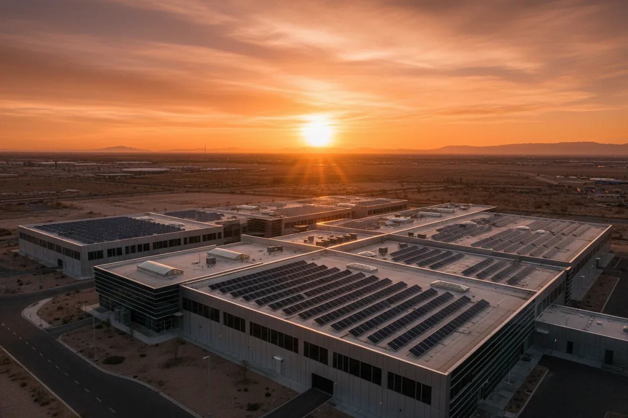 Geração solar em telhados comerciais ao entardecer