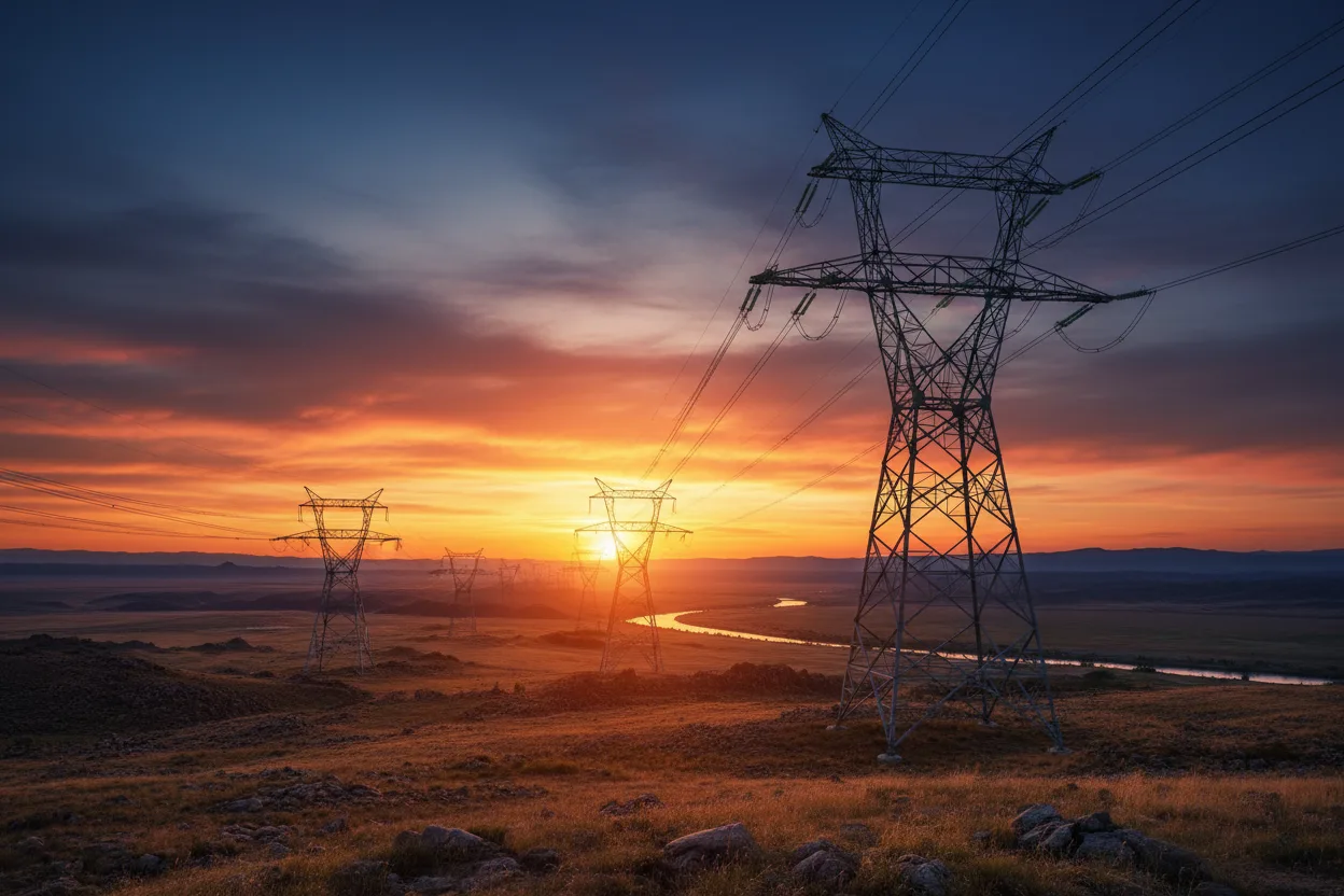 Linhas de transmissão sobre paisagem rural ao entardecer
